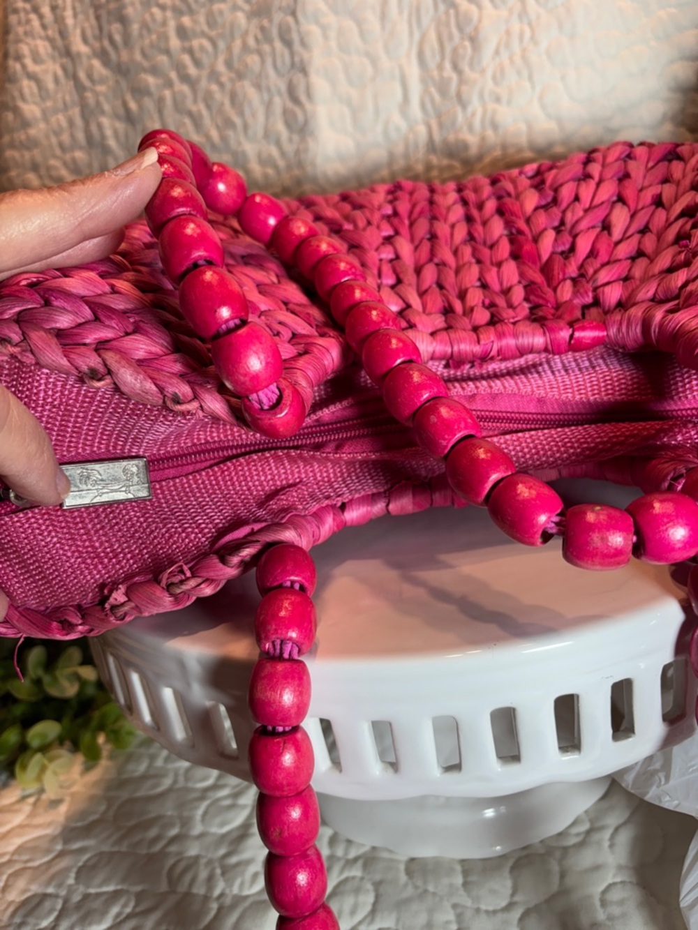 Sun and Sand Woven Pink Straw Satchel Bag - Picture 3 of 8